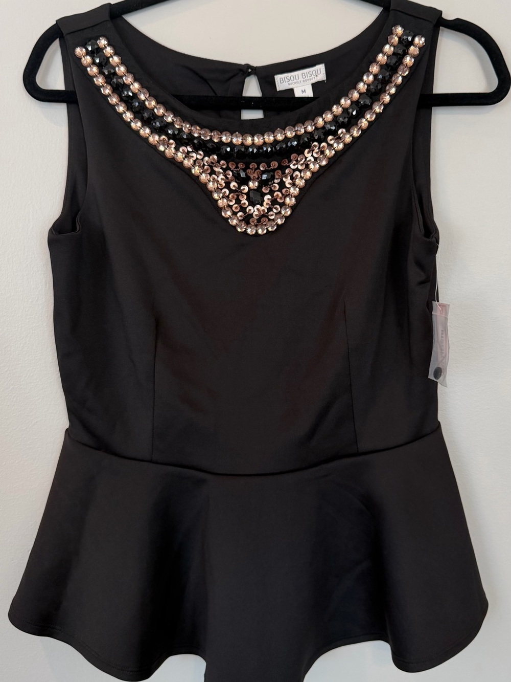 Bisou Bisou Black Peplum Shell with Rose Gold Sequin Trim
